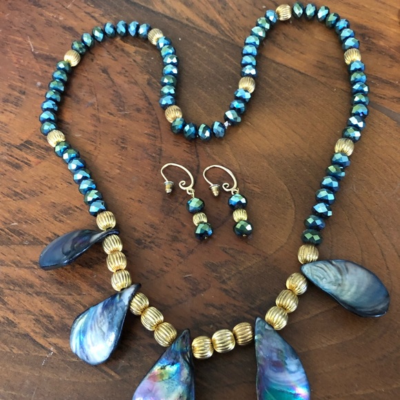 VTG  ABALONE NECKLACE W/ GOLD & GLASS FACETED BEADS 22" & MATCHING EARRINGS SET - Picture 15 of 17